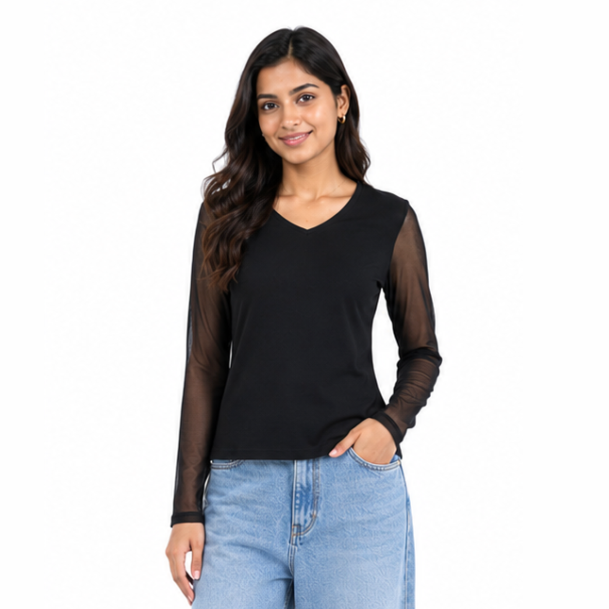 Women’s Black V-Neck Sheer Sleeve Top