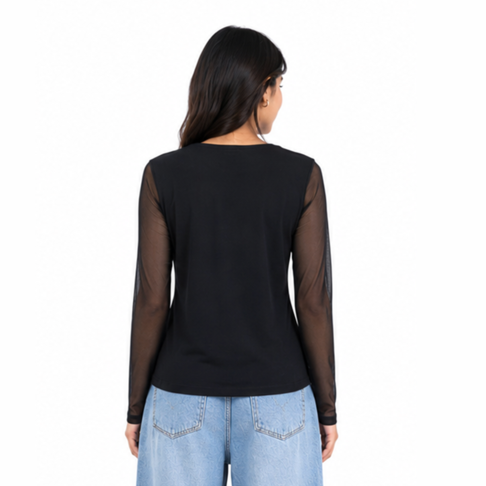 Women’s Black V-Neck Sheer Sleeve Top