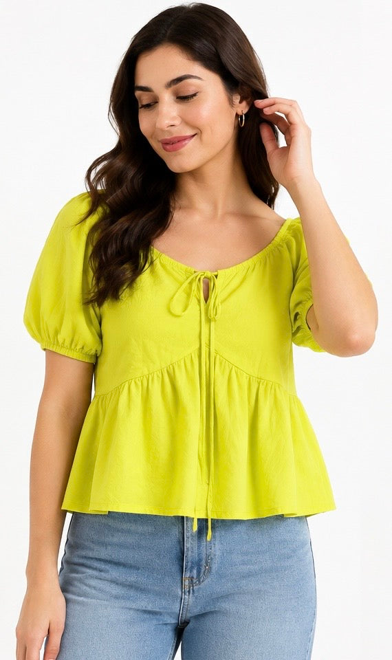 Yellow puff-sleeve peplum top