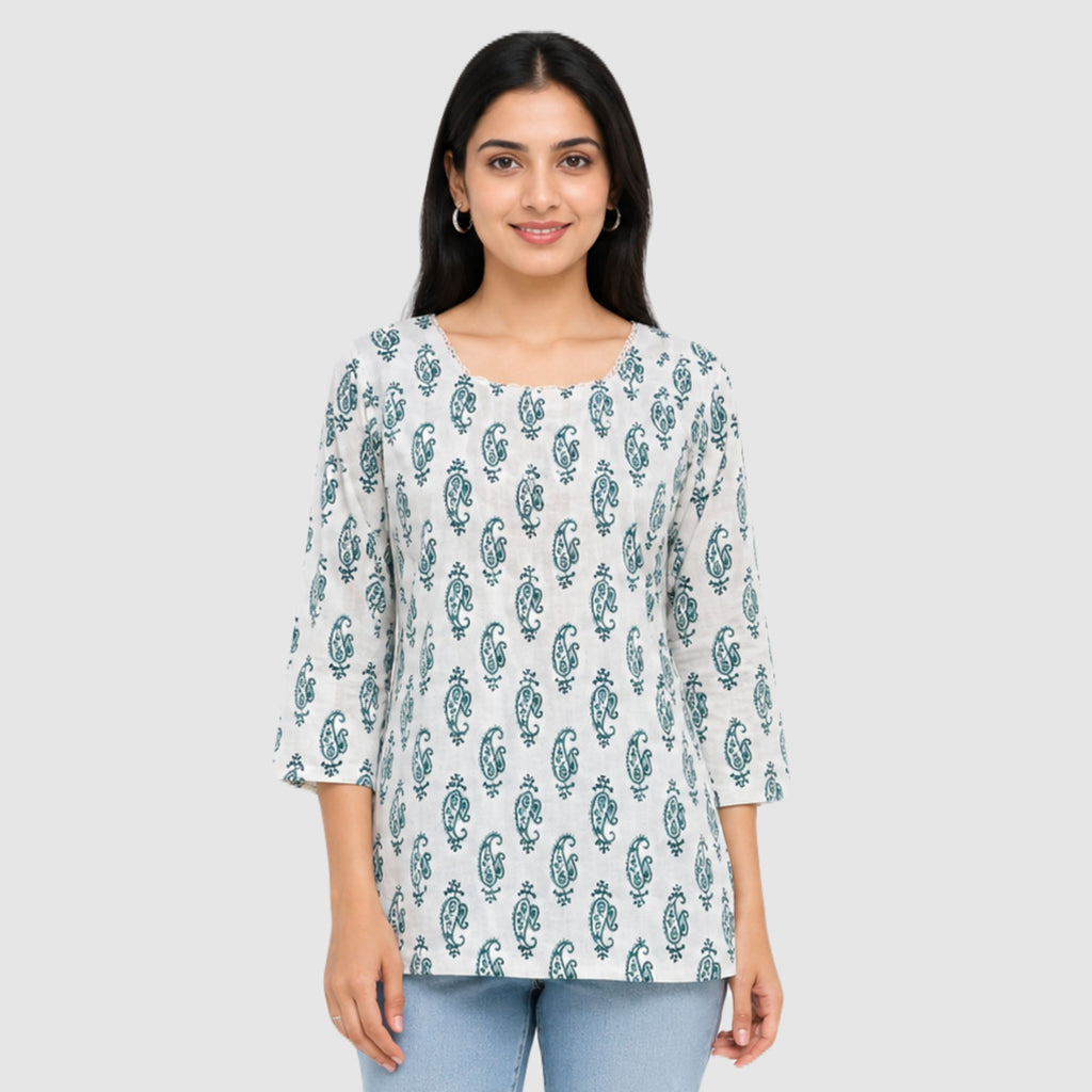 Green printed cotton short kurti