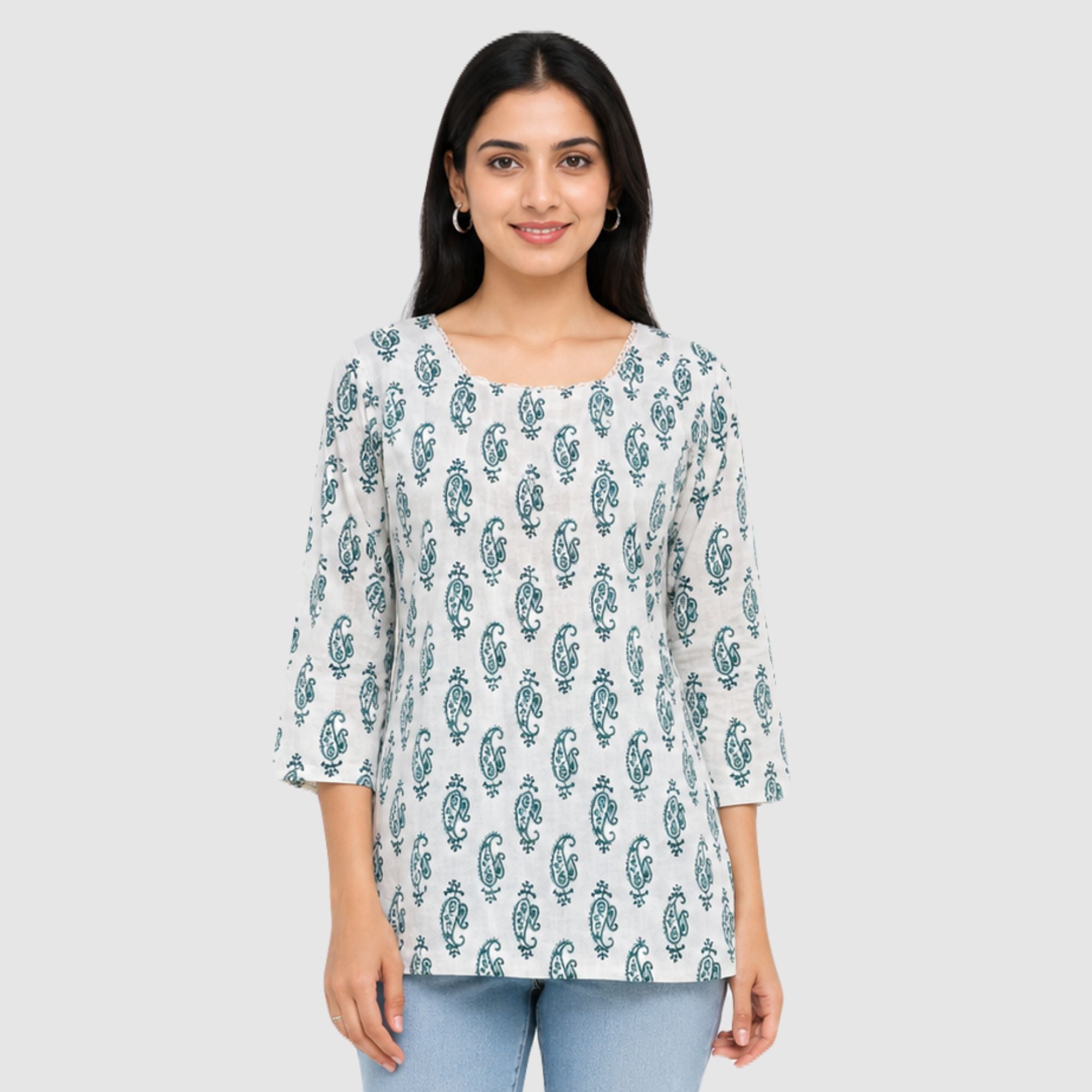 Green printed cotton short kurti