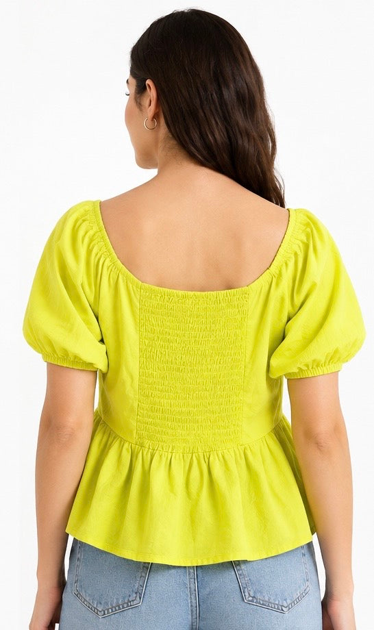 Yellow puff-sleeve peplum top