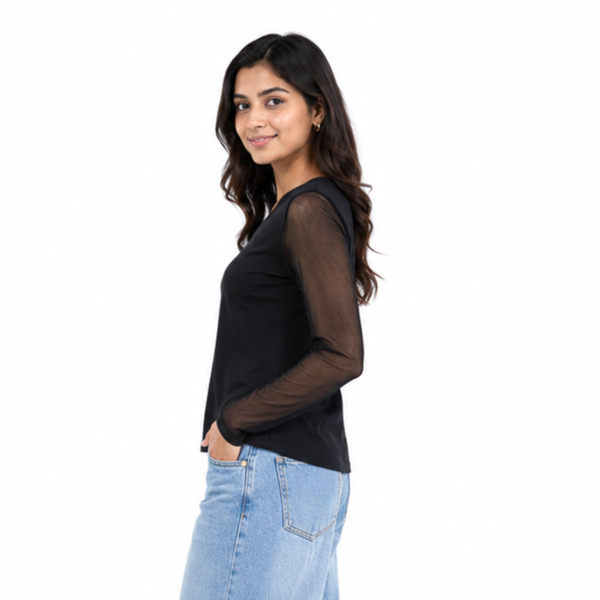 Women’s Black V-Neck Sheer Sleeve Top