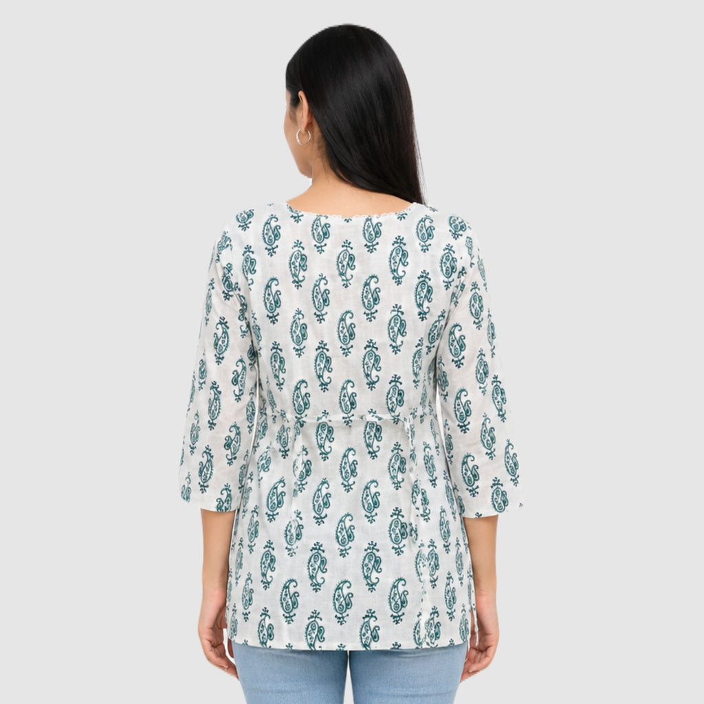 Green printed cotton short kurti
