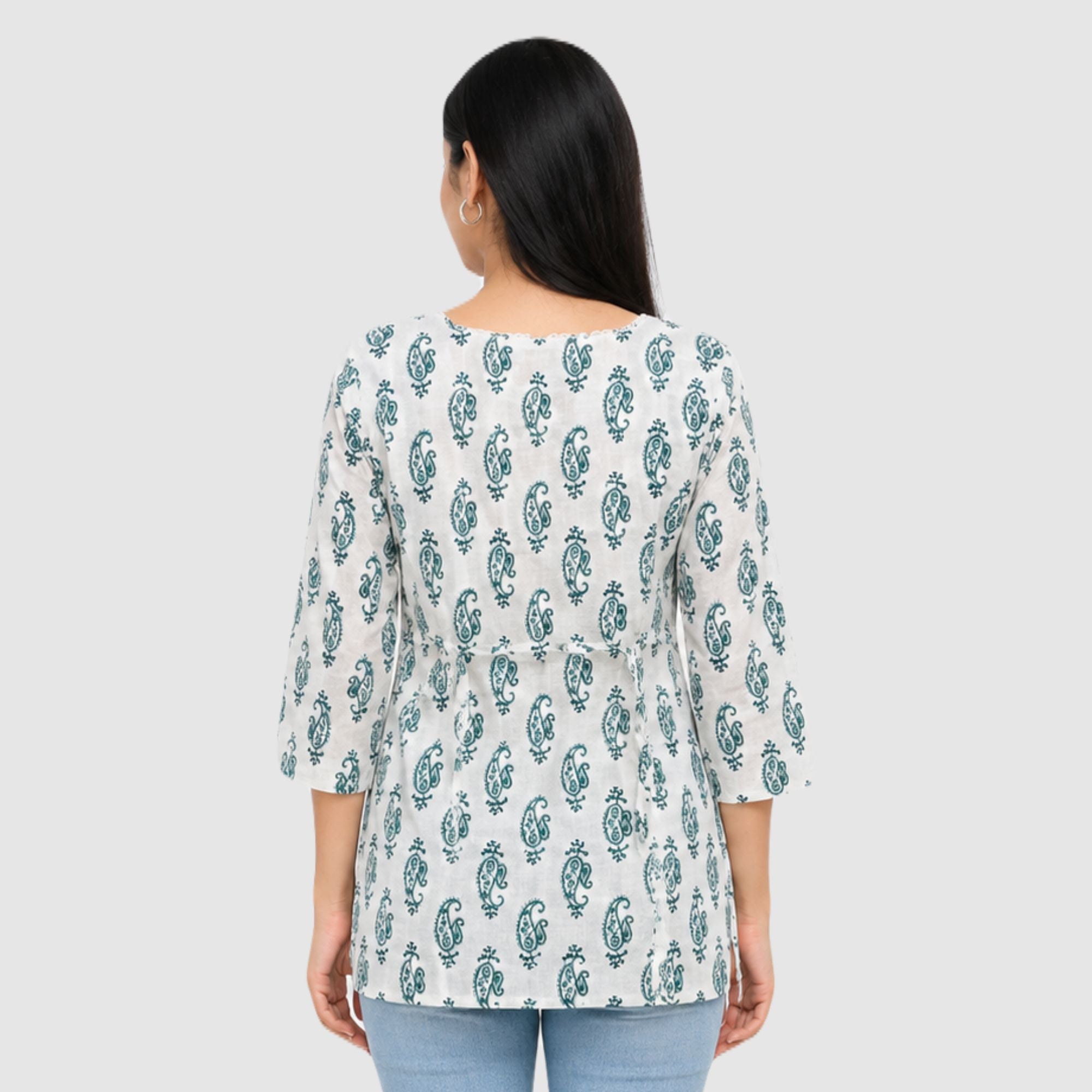 Green printed cotton short kurti