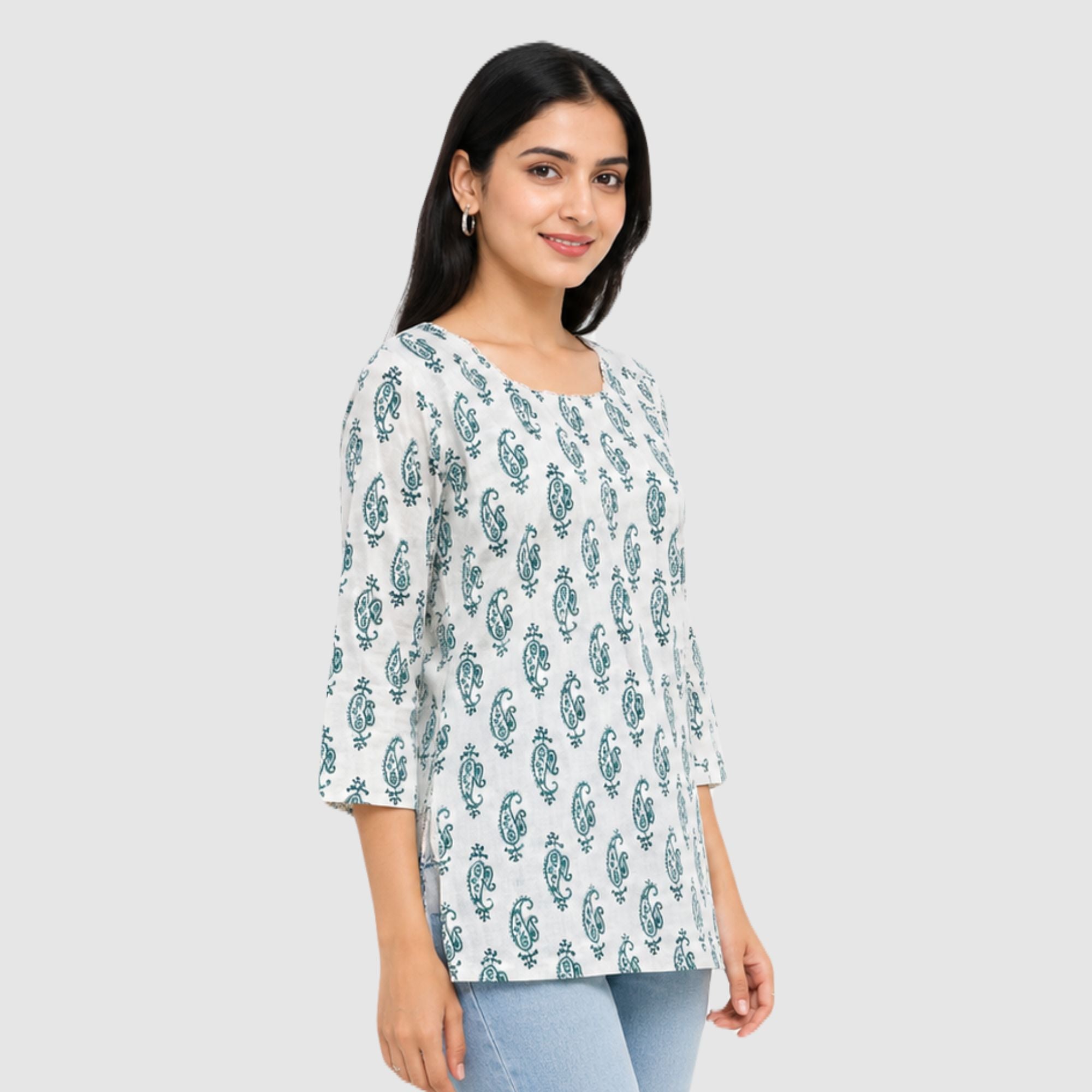 Green printed cotton short kurti