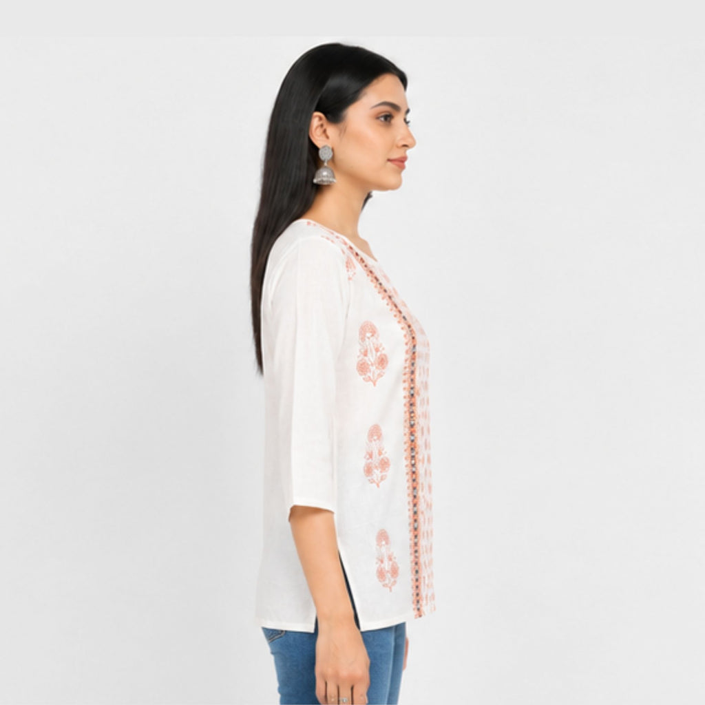 Cotton Beige printed short Kurti