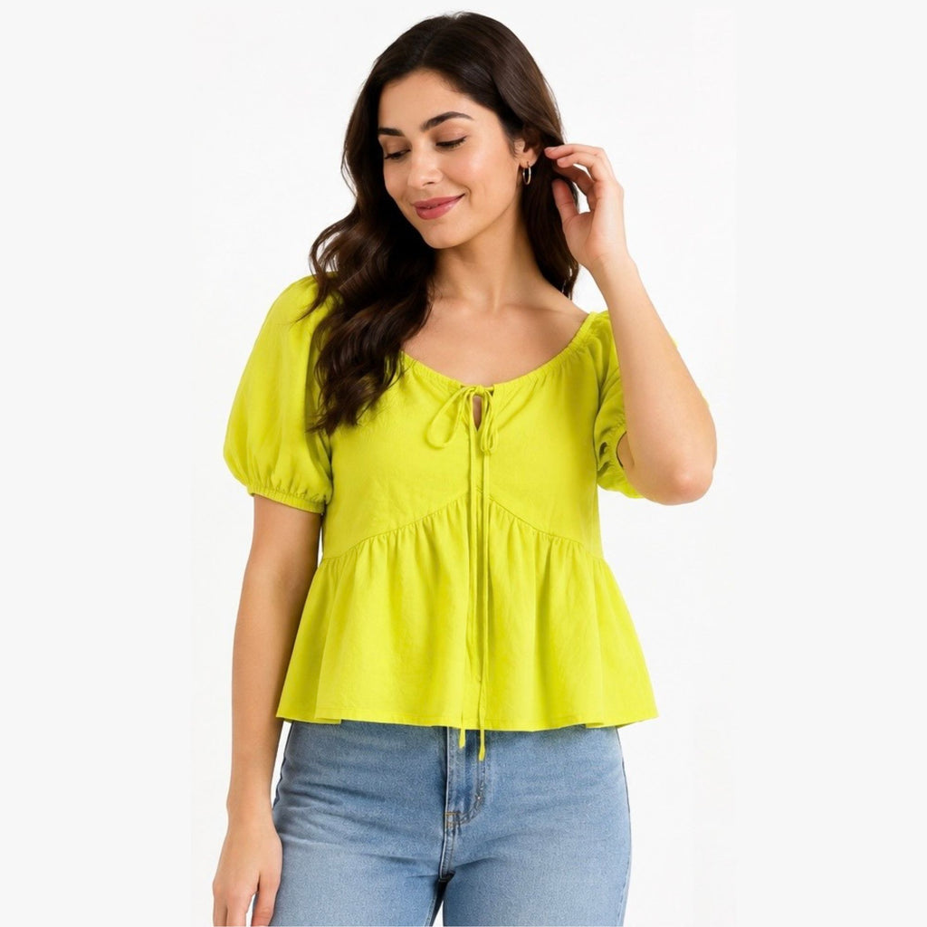 Yellow puff-sleeve peplum top