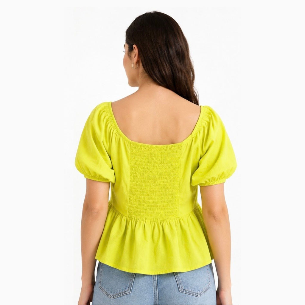Yellow puff-sleeve peplum top