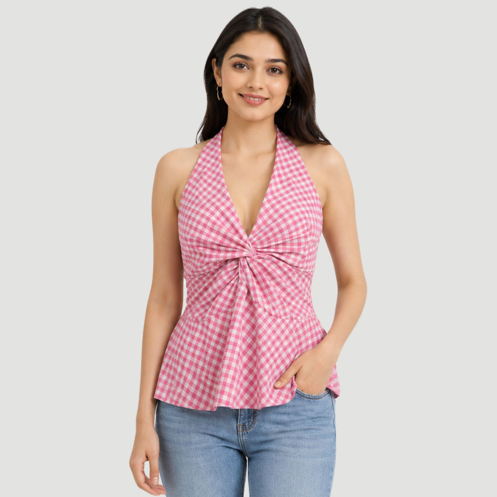 Pink Gingham Halter Neck Tie-Up Peplum Top