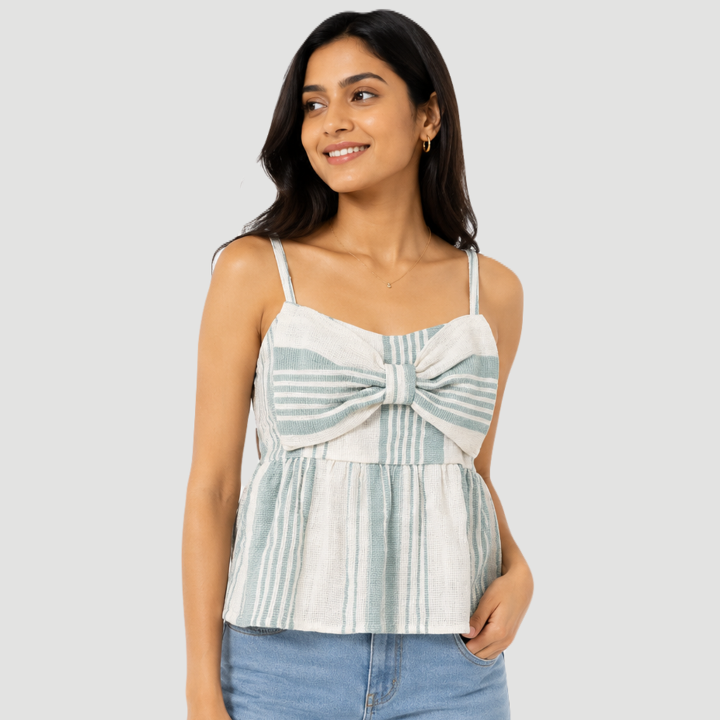 Sage Stripe Bow Front Peplum Top