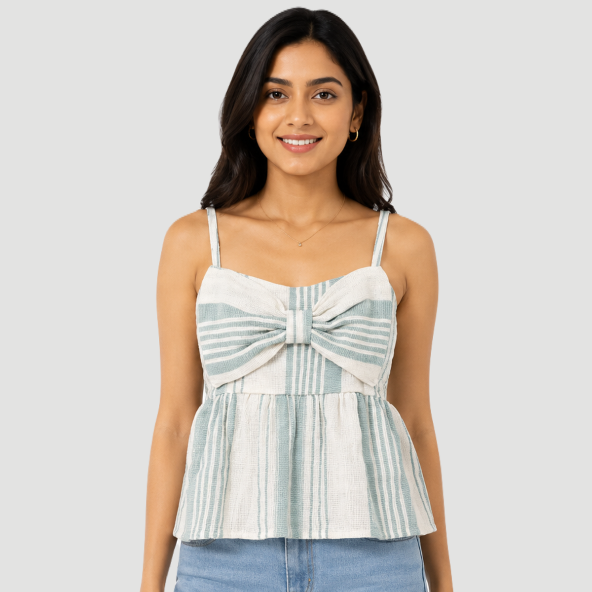 Sage Stripe Bow Front Peplum Top